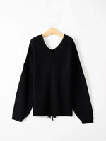 Full Size Lace Up V-Neck Long Sleeve Sweater