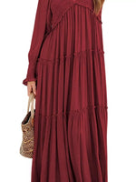 V-Neck Long Sleeve Tiered Maxi Dress