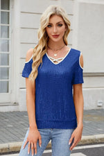 Sequin Cold Shoulder Short Sleeve Blouse