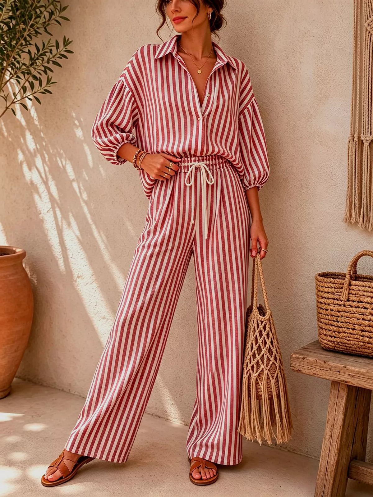Striped Collared Shirt and Wide-Leg Drawstring Pants Set