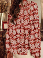 Floral Print Split Neck Pleated Long Sleeve Blouse