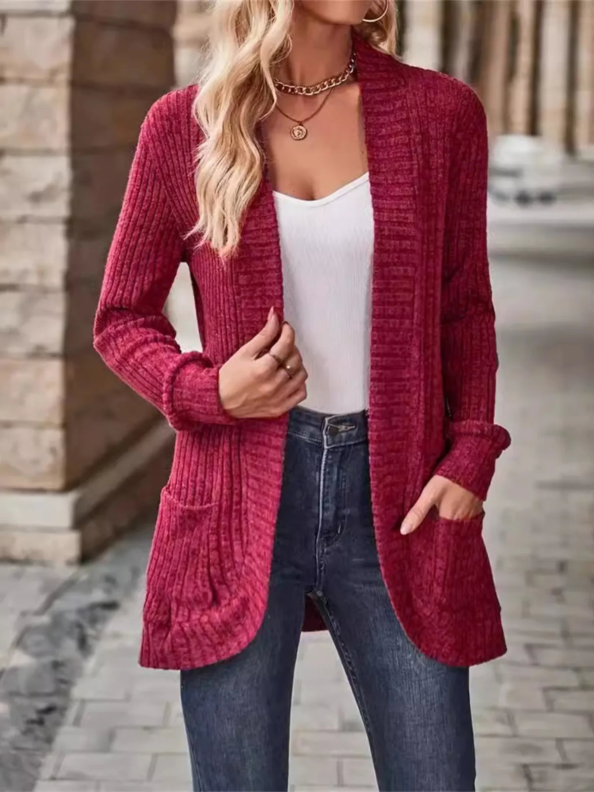 Ribbed Open Front Long Cardigan with Pockets