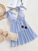Gingham Tie-Shoulder Ruffle Hem Mini Dress