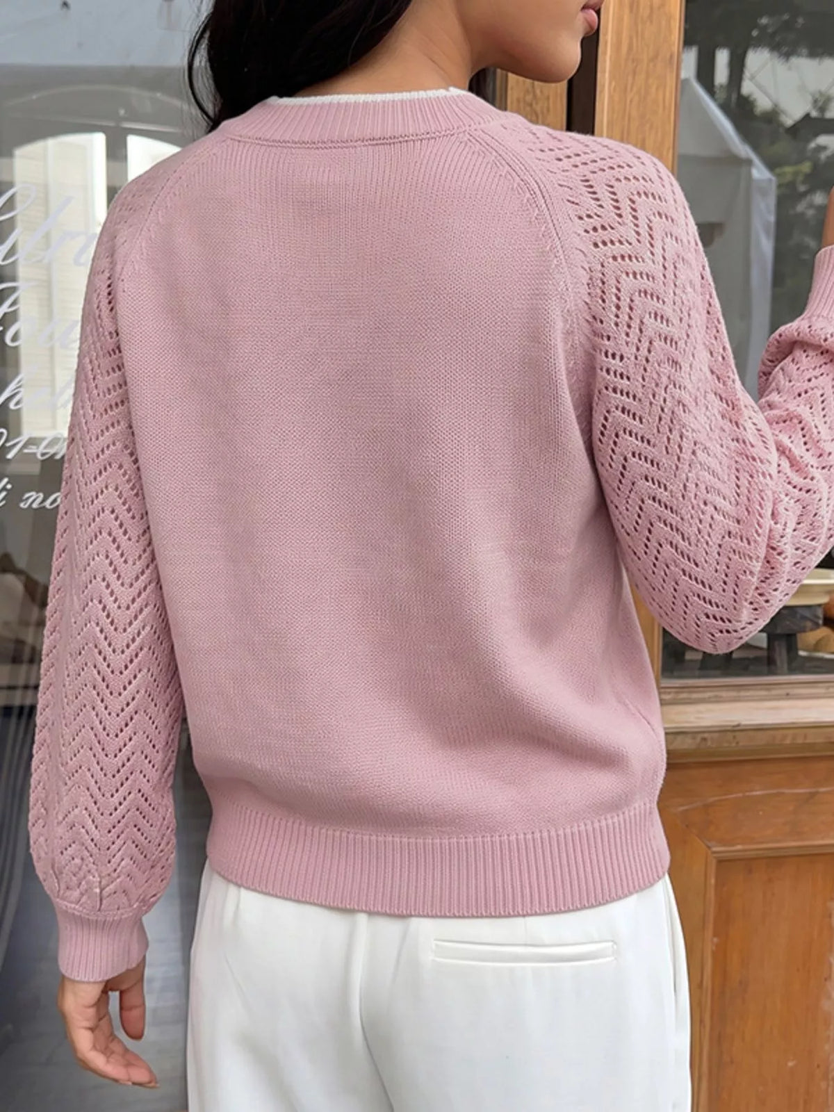 V-Neck Openwork Long Sleeve Sweater