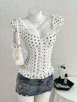 Polka Dot Lace Trim Cap Sleeve Blouse