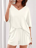 Casual Solid Color V-Neck Top & Shorts Set