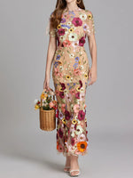 Floral Embroidered Mesh Overlay Maxi Dress