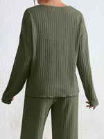 Ribbed Knit V-Neck Top and Pants Set