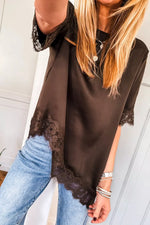 Asymmetric Lace Trim Short Sleeve Satin Top