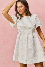 SO ME Floral Jacquard Bubble Shorts Sleeves Mini Dress