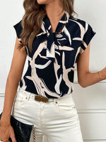 Printed Tie Neck Cap Sleeve Blouse