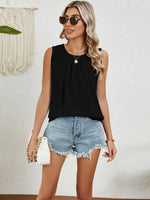 Round Neck Sleeveless Top with Pleated Front Detail