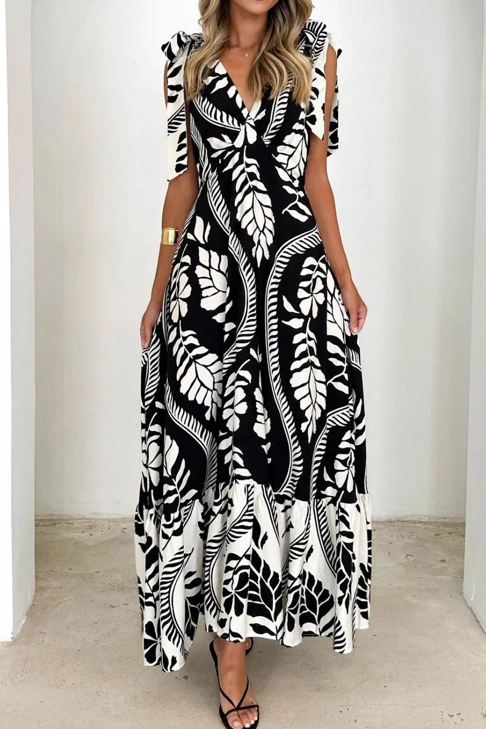 Printed V-Neck Tie Shoulder Midi Cami Dress