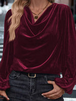 Velvet Cowl Neck Long Sleeve Blouse