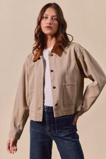 SO ME Cotton Twill Cropped Barn Jacket wtih Collar