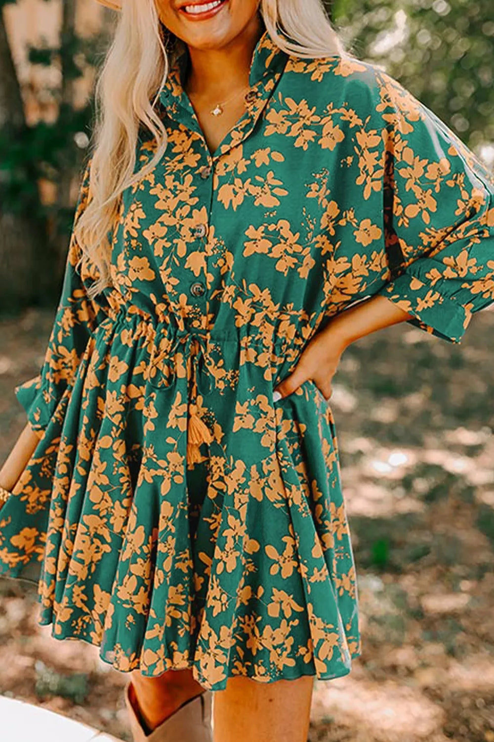 Printed Ruffled Hem Button Front Dress