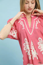 Umgee Boho Print Split-Neck Short Sleeve Top
