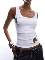 Ribbed Tank Top with Metal Grommet Cutouts and Stud Embellishments