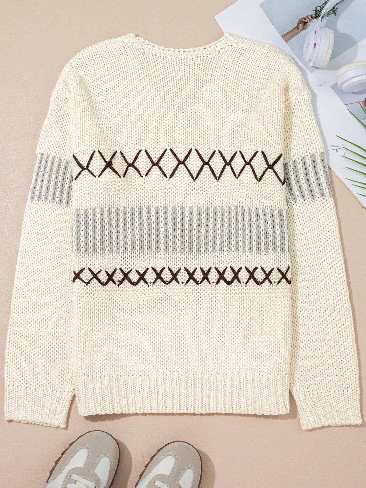 Contrast Stitch Detail V Neck Drop Shoulder Sweater