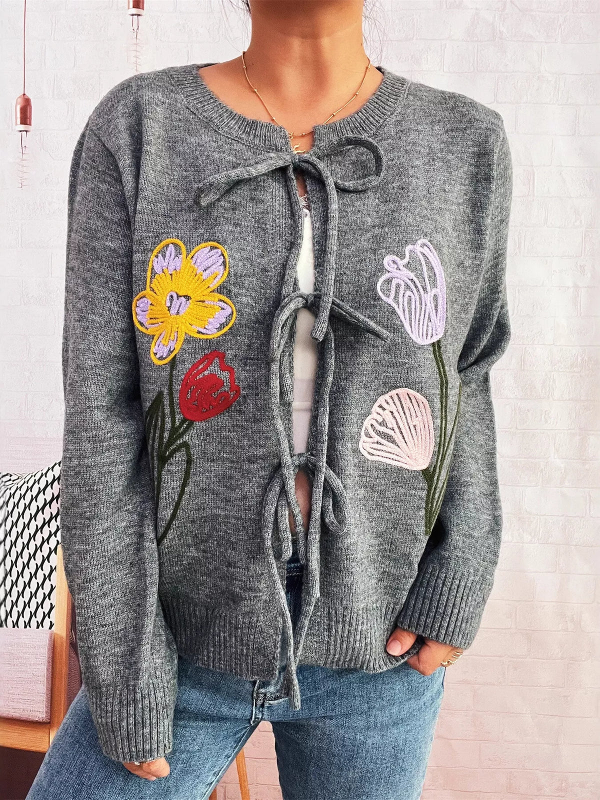Floral Ribbed Hem Tie Front Cardigan