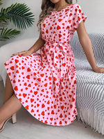 Heart Print Belted Pleated Midi Dress