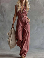 Sleeveless Button-Down Wide-Leg Jumpsuit