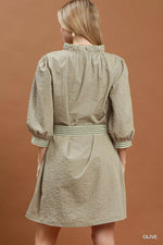 Umgee Textured Contrast Trim Tie Waist Mini Dress