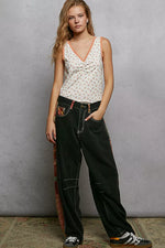 POL Ruched Floral V-Neck Tank with Lace Detail