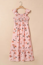 Ruffled Smocked Cap Sleeve Printed Maxi Dress