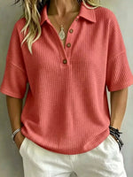Full Size Waffle Knit Polo Top with Button Detail Plus Size