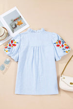 Stripe Floral Embroidered Puff Sleeve Ruffle Trim Shirt