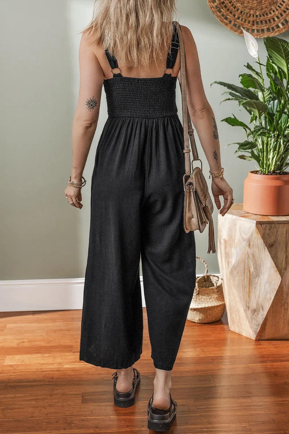Front Cut Out Smocked Back Sleeveless Wide Leg Jumpsuit