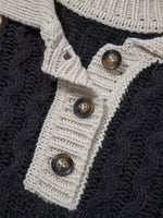 Multicolour Color Block Cable Knit Sleeve Buttons Collared Sweater