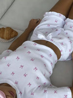 Ribbed Knit Bow Print Top and Shorts Lounge Set