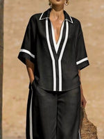 Full Size Contrast Trim Top and Pants Set Plus Size