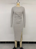Ribbed Knit Twist Front Long Sleeve Midi Dress with Slit