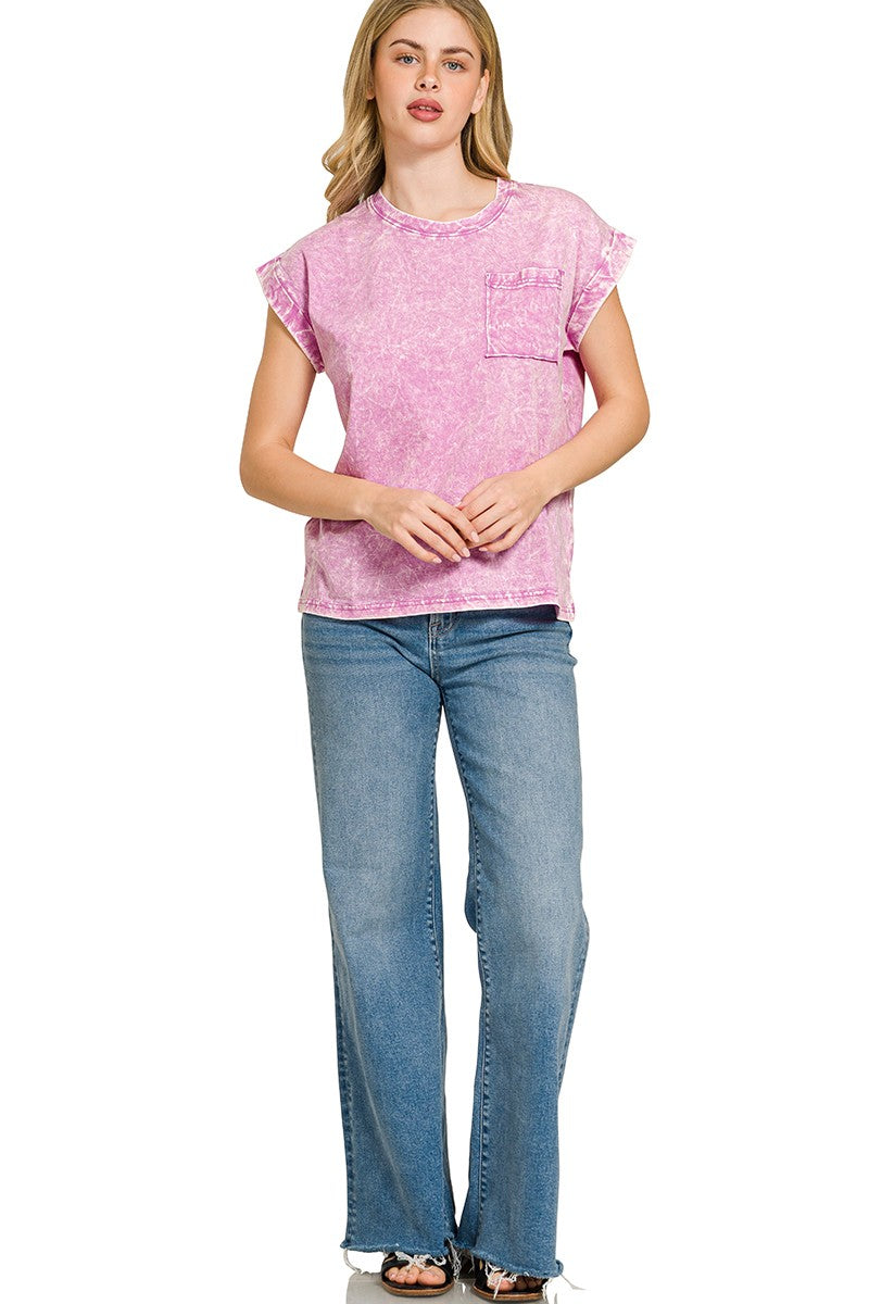 Zenana Full Size Crinkle Washed Round Neck Folded Short Sleeve Tee Plus Size