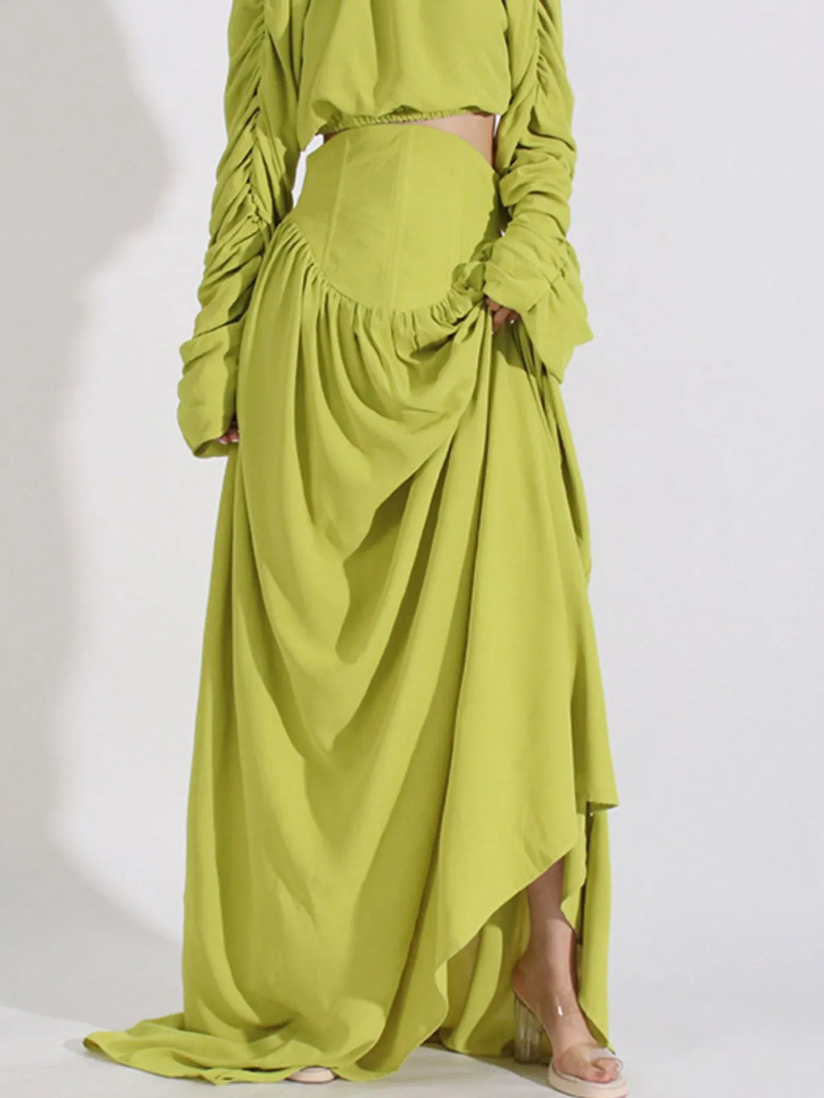 Ruched Long Sleeve Top and High Waist Skirt Set