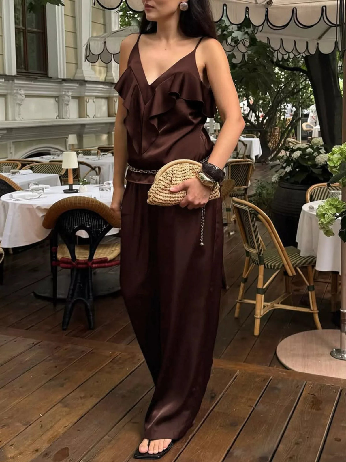Ruffle V-Neck Cami and Wide-Leg Pants Two-Piece Set