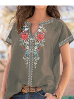 Full Size Floral Notched Short Sleeve Blouse Plus Size