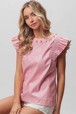BiBi Leather Smocked Ruffled Top
