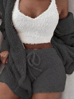 Full Size 3-Piece Fuzzy Plush Cardigan and Shorts Lounge Set with Crop Top Plus Size
