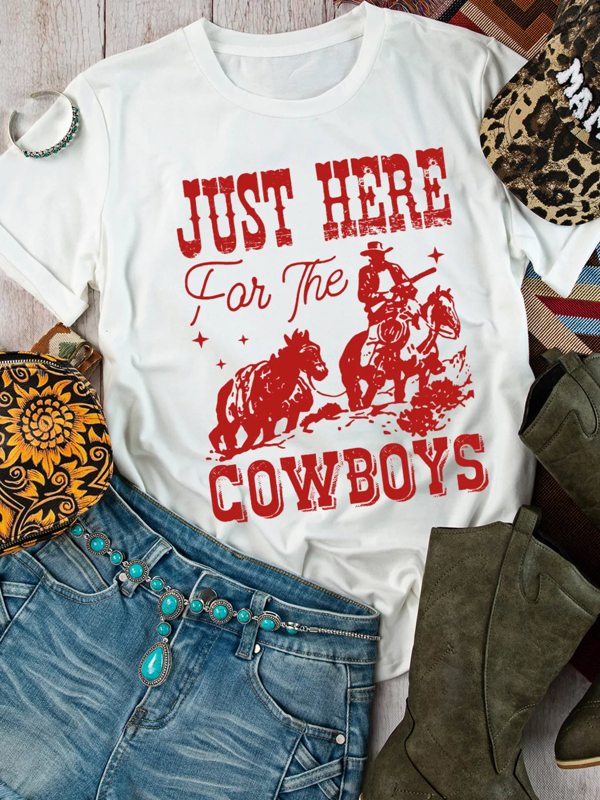 JUST HERE For THE COWBOY Cuffed Sleeve Crew Neck T Shirt