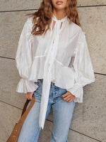 Tie Neck Flounce Sleeve Blouse