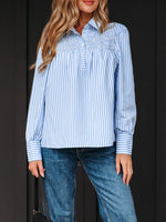 Stripe Shirred Detail Half Placket Collared Long Sleeve Shirt