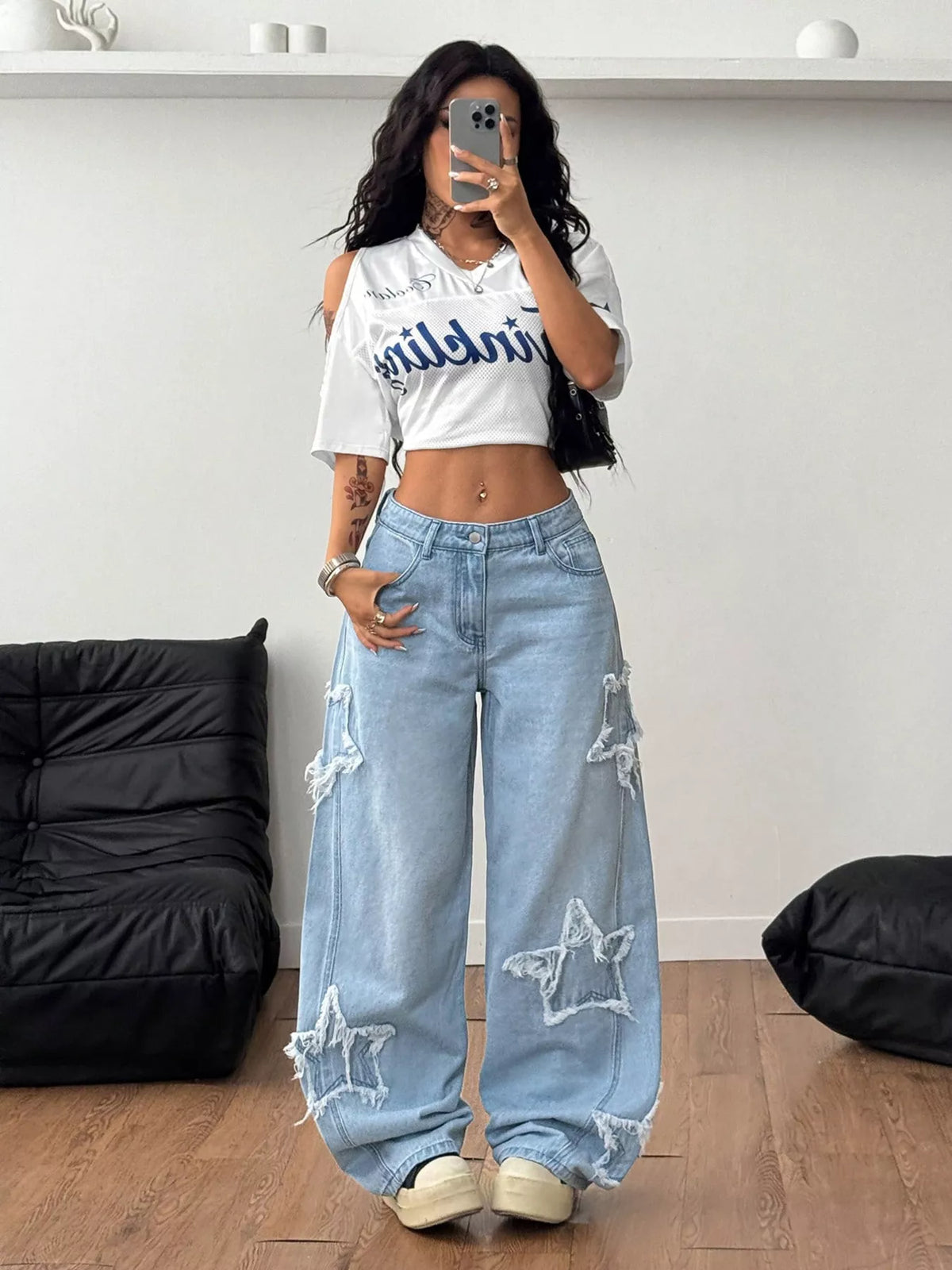 Distressed Star Patch Wide-Leg Jeans