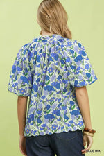 Umgee Floral Puff Sleeve Blouse with Scalloped Details