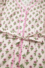 Floral Print V Neck Scallop Trim Button Front Short Sleeve Dress