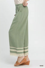 Umgee Lace Trim Fringe Hem Wide Leg Pants