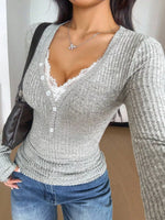 Ribbed Knit Lace Trim T-Shirt